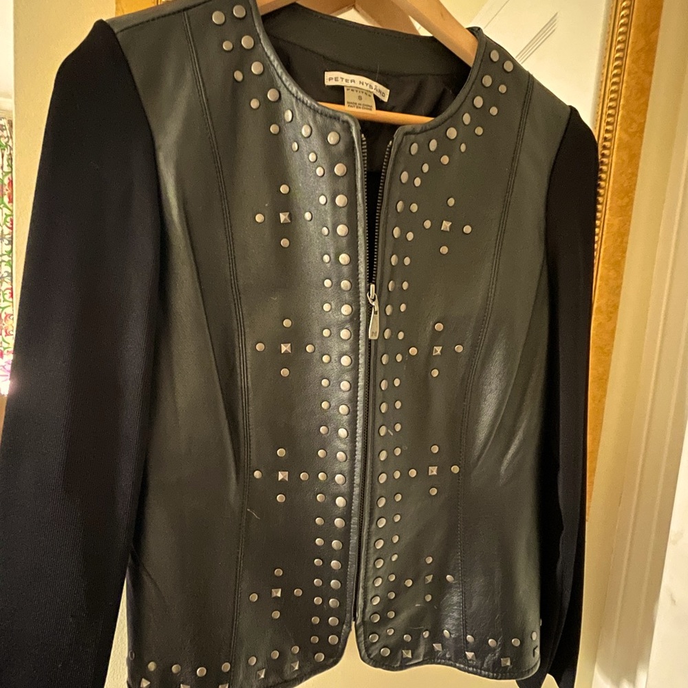 Peter Nygard Black Studded Faux Leather and Knit Blend Full Zip Jacket Size S